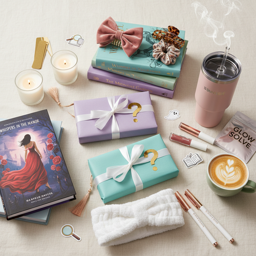 Trendy mystery book bundle flat lay with books, tumblers, hair accessories, lip gloss, spa items, candles and stickers