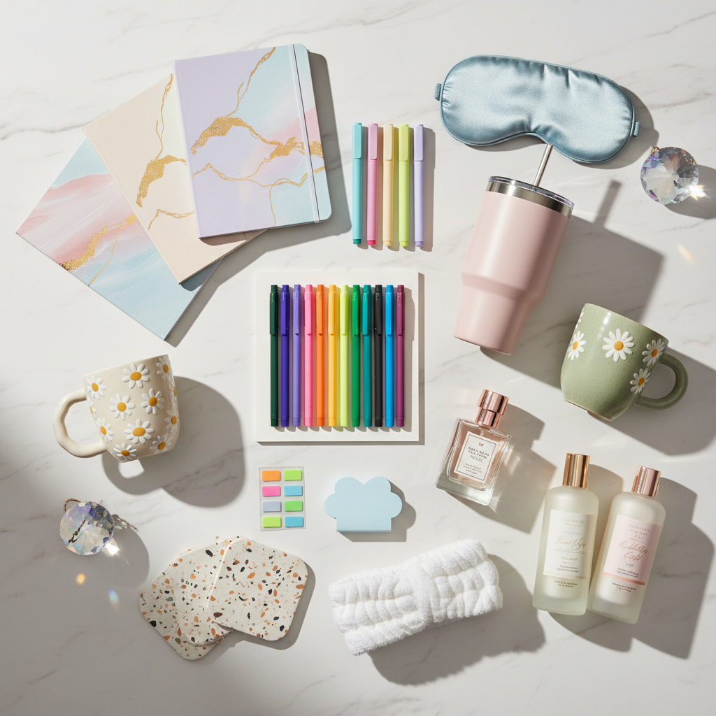 Mystery bundle flat lay with notebooks, pens, highlighters, tumblers, coffee mugs, coasters, annotation tabs, eye mask, spa headband, perfume, sun catcher and lotion