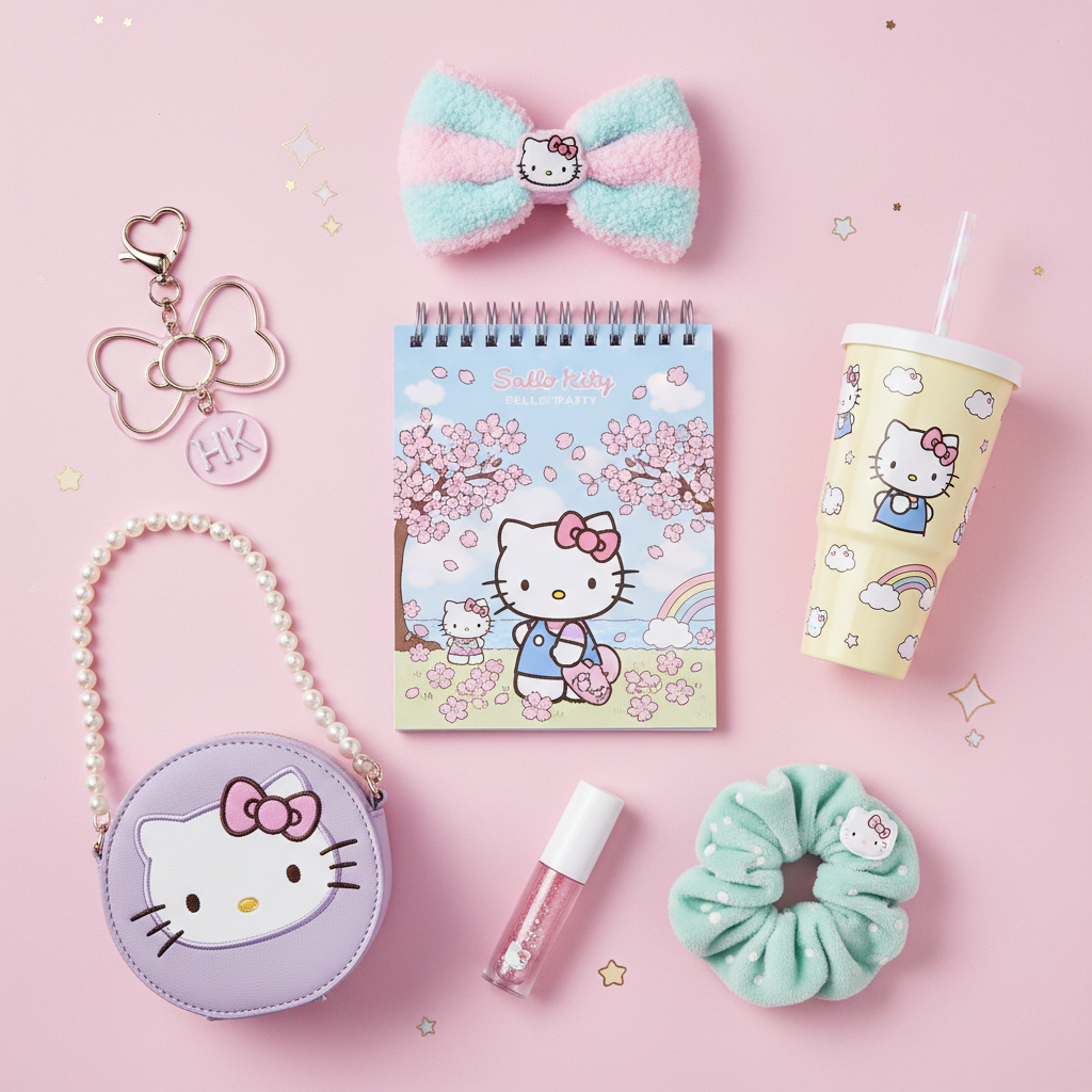 Mini Scoop Mystery Bag - 7 kawaii surprise items including notebook, keychain, purse, hair bow, tumbler, lip gloss, and scrunchie