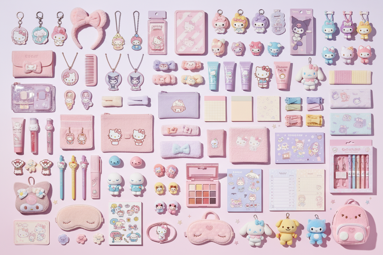 Sanrio and Hello Kitty themed mystery scoop items flat lay