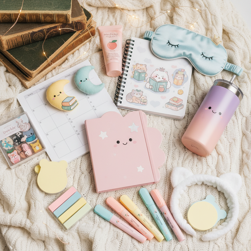 Book-ish mystery ball items - notebooks, bookmarks, cups, self care items flat lay